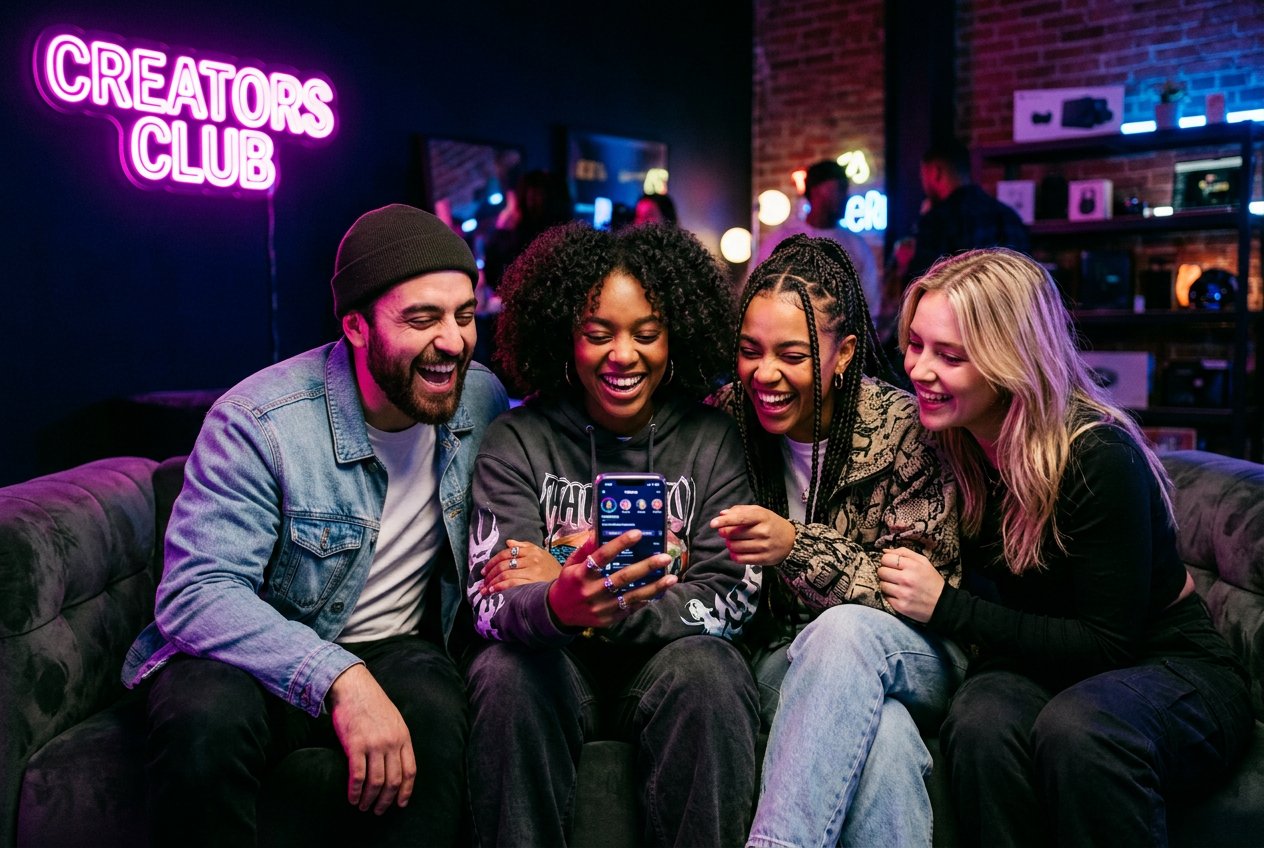 Creators laughing together while looking at a smartphone