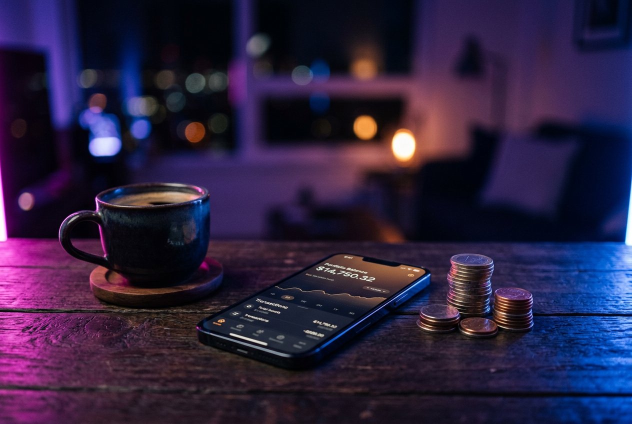 A smartphone beside small stacks of real coins on a desk