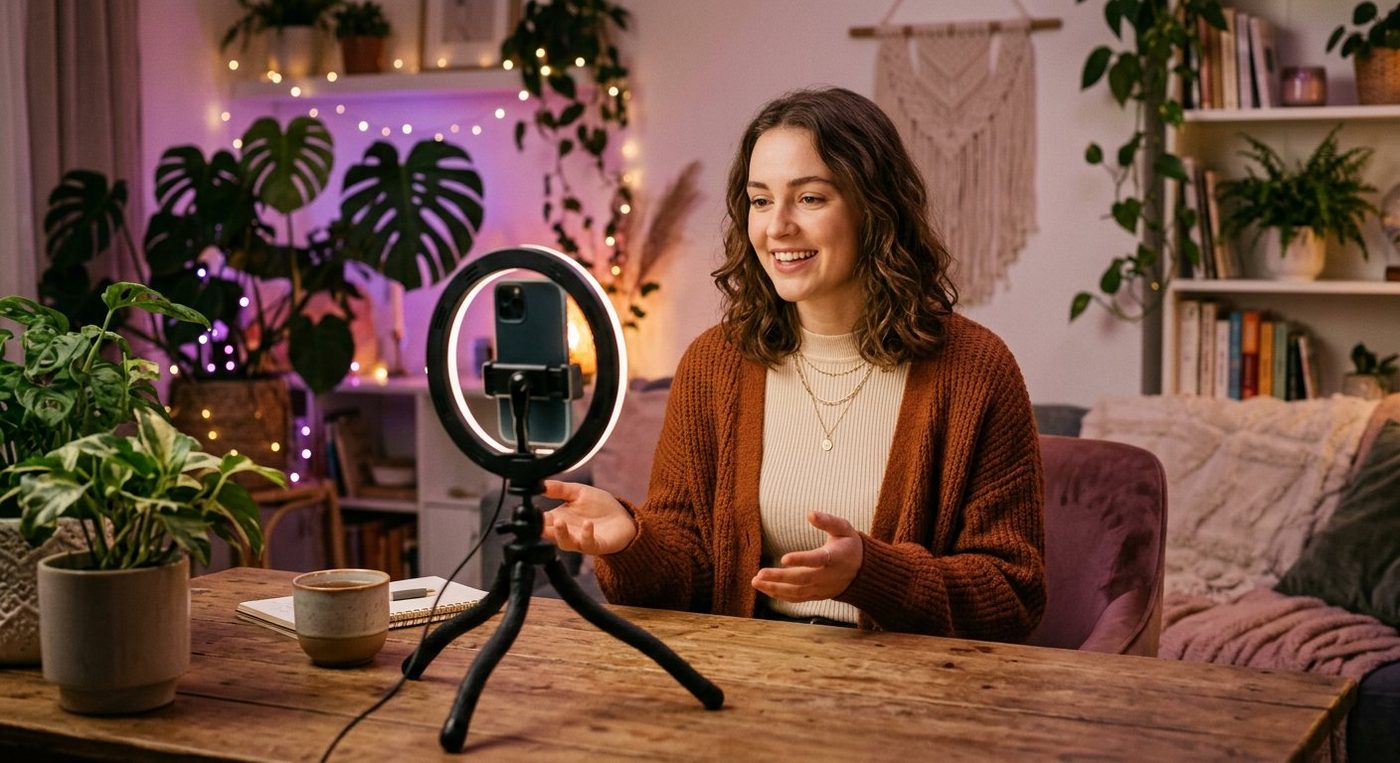 Yomi host hosting a live video call at home with a ring light