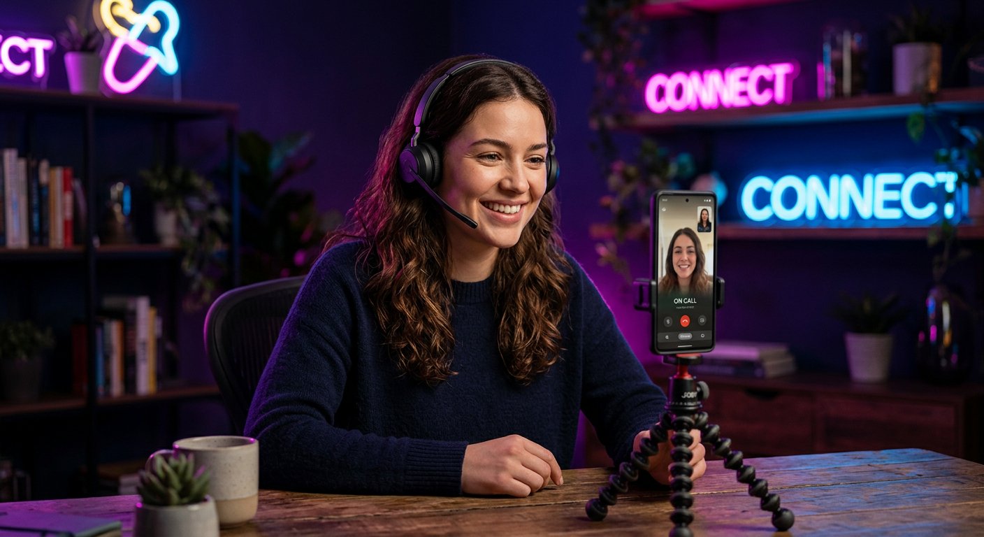 Host on a video call with a headset, phone on a tripod