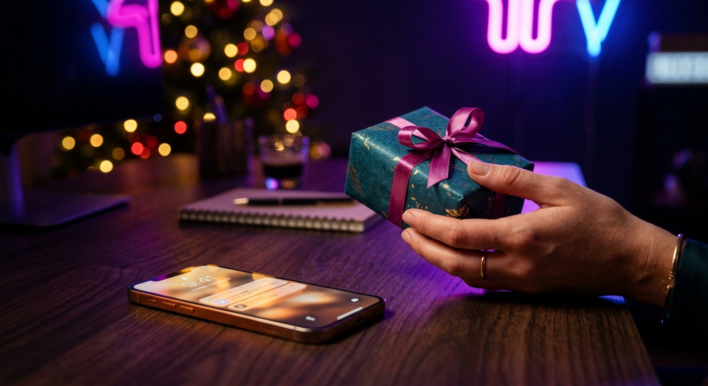 Hand holding a small wrapped gift beside a smartphone