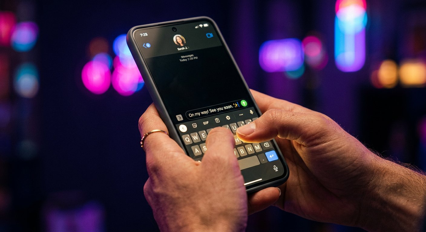 Hands typing a reply message on a smartphone