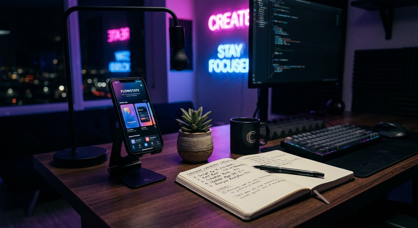 Creator desk with a notebook checklist and smartphone